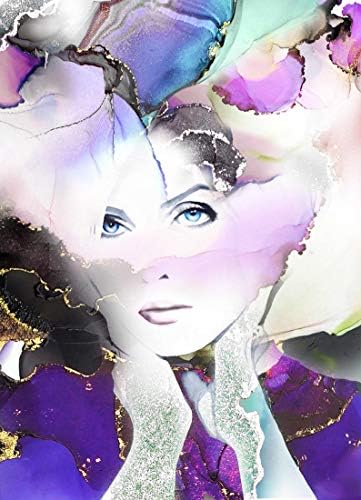 Gilded Lily Fashion Illustration, Watercolor, Soft Purple Aesthetic, Large Portrait Painting Gold Leaf, Beauty Salon Decor