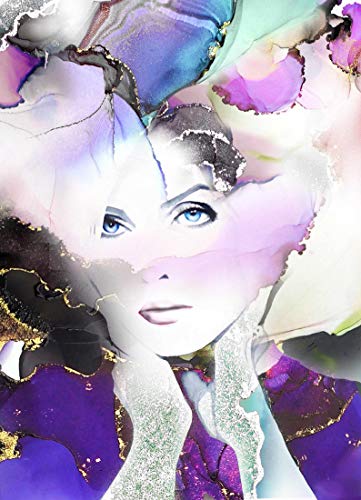 Gilded Lily Fashion Illustration, Watercolor, Soft Purple Aesthetic, Large Portrait Painting Gold Leaf, Beauty Salon Decor #TOP18