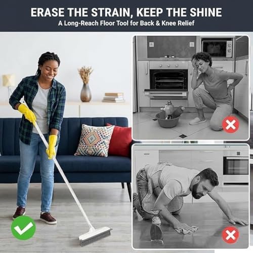 Image of 2 in 1 Bathroom Cleaning Brush with Wiper, Long Handle Floor Scrubber Brush with Water Wiper Blade, Heavy Duty Tile & Floor Cleaning Brush, Multipurpose Bathroom Kitchen Floor Cleaner Tool