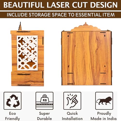 Image of Rousrie Wooden Temple Mandir for Home with Door Cabinets | Beautiful Pooja Unit with Storage Space | with LED Light and Wall Mounts | Pooja Mandir for Home Big Size (H-22, L-16.5, B-10.6 inch)