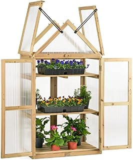 CHRISTOW Wooden Greenhouse Garden Cold Frame Lean To Grow House Polycarbonate Windows (H130cm x W70cm x D40cm) (Natural Finish)