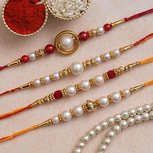Image of eCraftIndia Set of 4 Red, Golden White Pearls Rakhis Best Bro Ever Fridge Magnet with Roli Chawal Pack - Rakhi for Brother, Bhaiya, Bhai