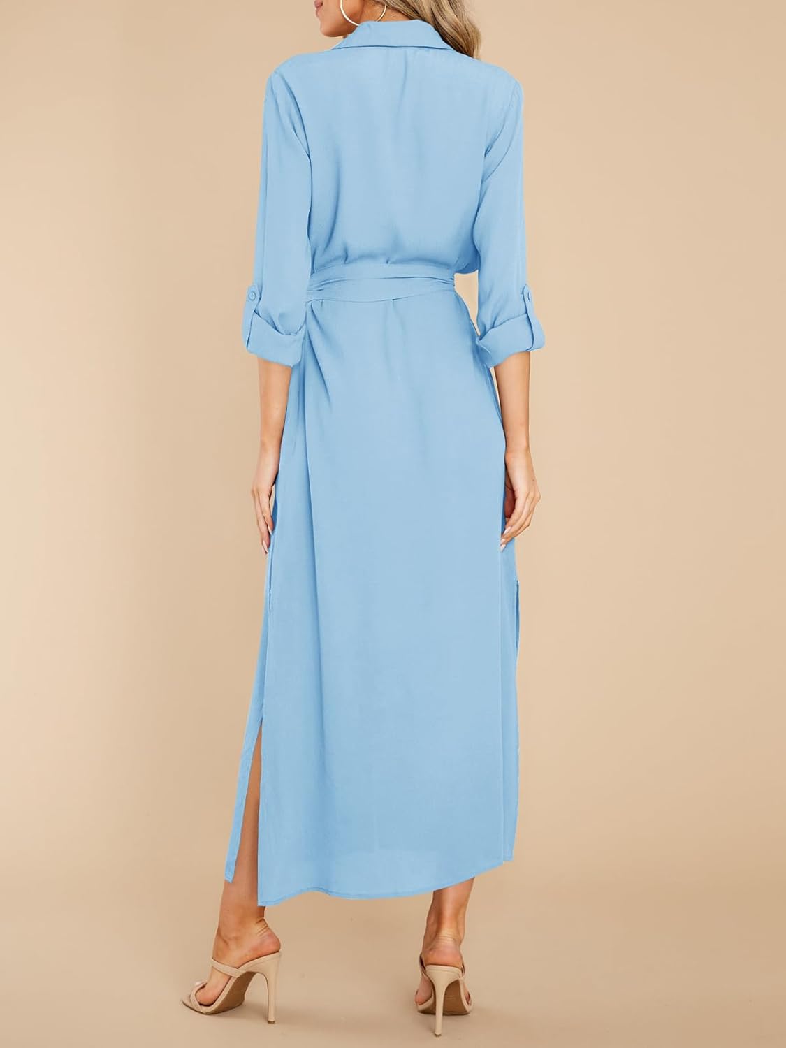 Wenrine Womens Button Down Shirt Dress Casual Chiffon 3/4 Lenght Sleeve Belted Lightweight Flowy Midi Dress with Slit Sky Blue, Medium - Image 6