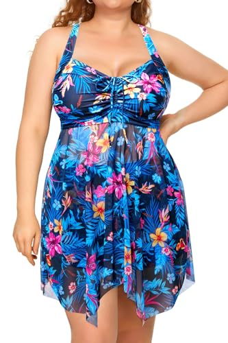 Image of Daci Plus Size Two Piece Swim Dress with Shorts for Women Mesh Swimsuits Flowy Bathing Suits