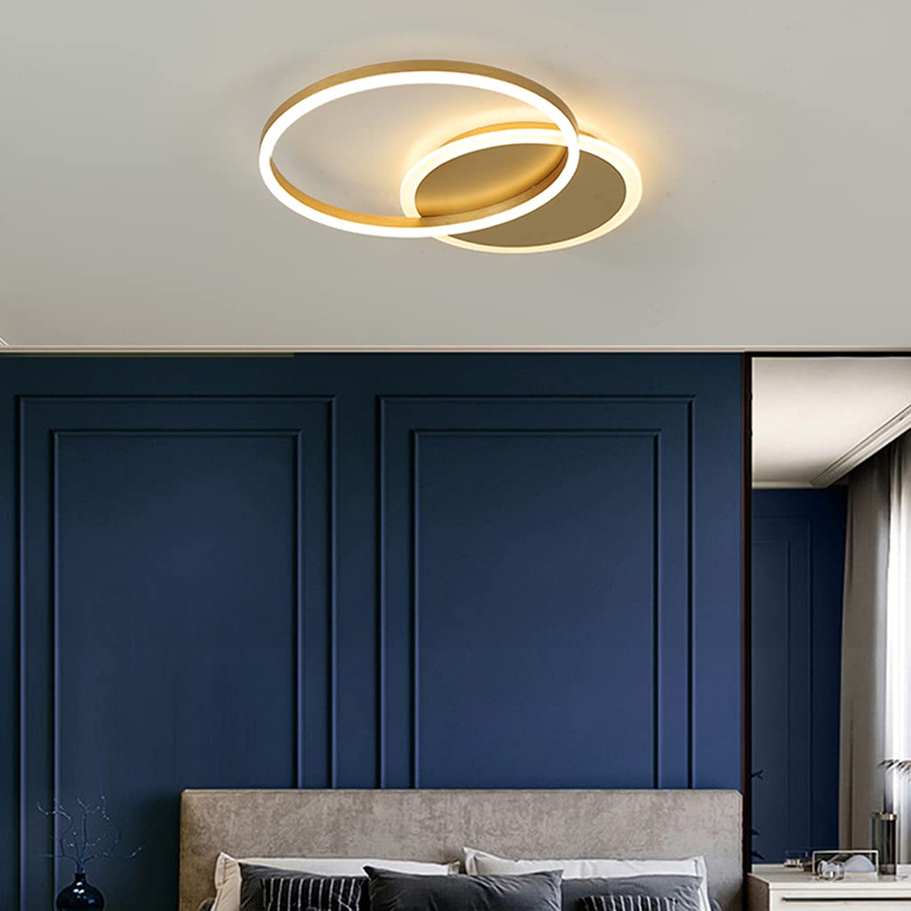 LED Deckenleuchte Dimmbar Deckenlampe Ring Metall Schlafzimmerlampe modern Acryl Deckenbeleuchtung Wohnzimmerlampe Kinderzimmer Esszimmer Bad Flur Pendelleuchte,Gold,2 Ringe
