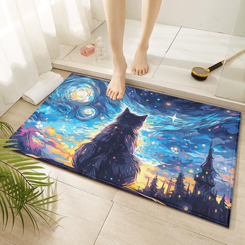 KOUTIA Starry Night Black Cat Bath Mat Non-Slip Bathroom Rugs