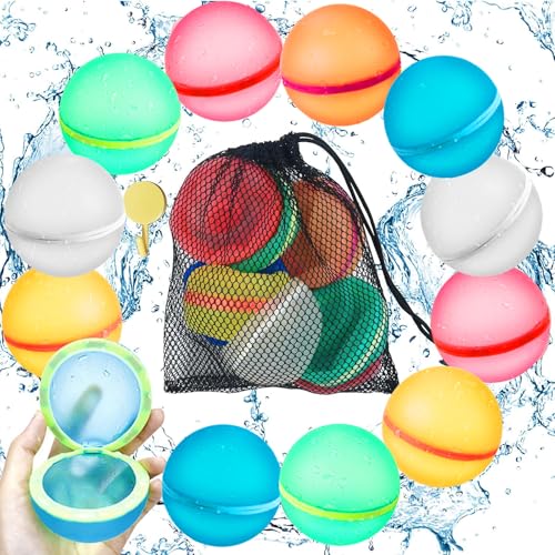 12 PCS Water Balloons,Magnetic Silicone Water Balls Quick Fill with Mesh Bag,Summer Outdoor Pool Beach Party Supplies Toys Water Balloon for Kids Adults (12pcs)