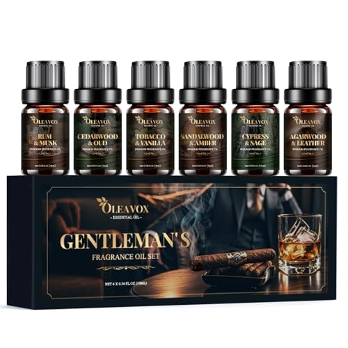 Men Essential Oils Gift Set, Premium Fragrance Oil for Diffusers for Home, Candle & Soap Scents,Agarwood & Leather,Tobacco & Vanilla, Sandalwood & Amber, Cypress & Sage, Rum & Musk,Cedarwood & Oud