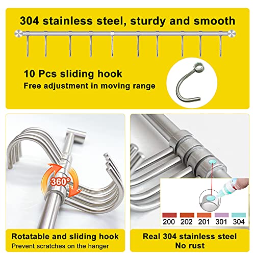 OKEPOO Kitchen Hanging Rack, 20 Inch Wall-Mounted Pot Holder with 10 Quiet Sliding Hooks, Rail Organizer Utensil Holder Bar for Cooking Spatulas Cups, Made of 304 Stainless Steel. (Silver)