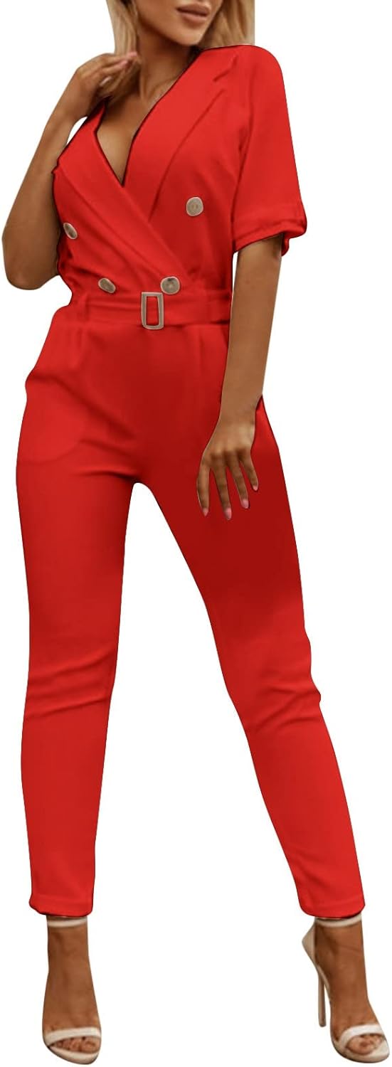 Damen Jumpsuit Langarm Elegant - V-Ausschnitt Hohe Taille Overall