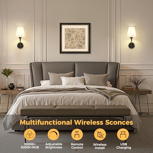 Image of DORESshop Battery Operated Wall Sconce Set of 2, Wall Light Wireless Easy to Install, Dimmable and Adjustable Sconces Wall Decor, Rechargeable Wall Lamp for Bedroom, Living Room, Black 14.8in
