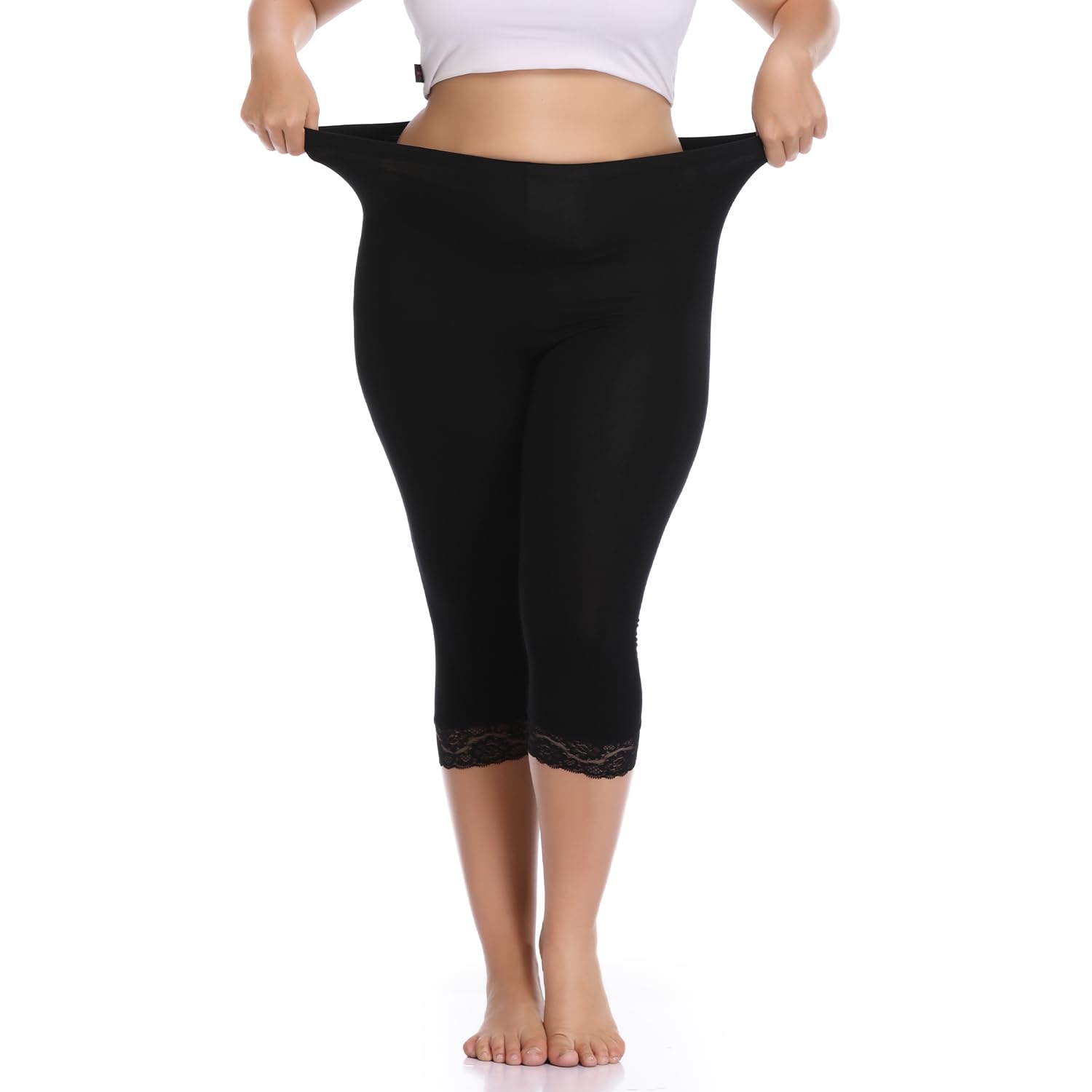 Damen Capri 3/4 Leggings High Waist Leggins Blickdicht Sporthose Sexy Bauchweg Gymnastikhose Übergröße Mit Spitze Sommer Für Yoga Gym Freizeit