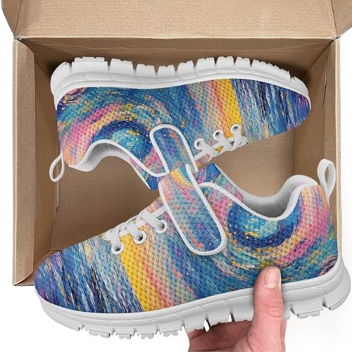 Girls Shoes Non Slip Lightweight Breathable Comfortable Sport Walking Athletic Running Tennis Sneakers (Little Kid) Oil Painting Pattern（White Sole）2