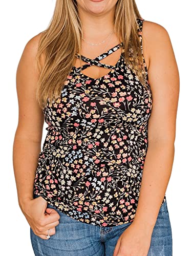 Shileyov Chaleco cruzado con estampado floral para mujer, camisetas sin mangas, estilo bohemio, sin mangas, camisetas sin mangas, Negro, L Cover