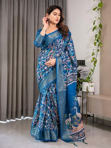 Image of ALMAARI FASHION Handloom Cotton Saree, Royal Blue with Floral Bird Print, Silver Zari Border, 5.5 Metres