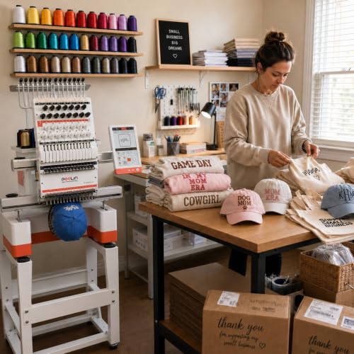Image of Poolin EOM 15-Needle Commercial Embroidery Machine,14.2 inchx9.5 inch Large Embroidery Area for Small Business User Friendly,for Hats,Cap & 3D Caps & Daily Orders,Auto Color Change & Trim,WiFi /USB Transfer
