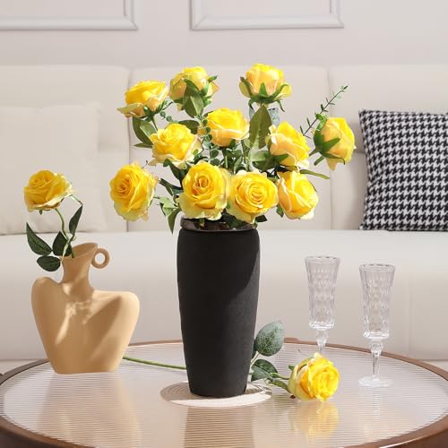 Image of Tifuly 12Pcs Roses Realistic Long Stem Fake Silk Artificial Flowers Yellow