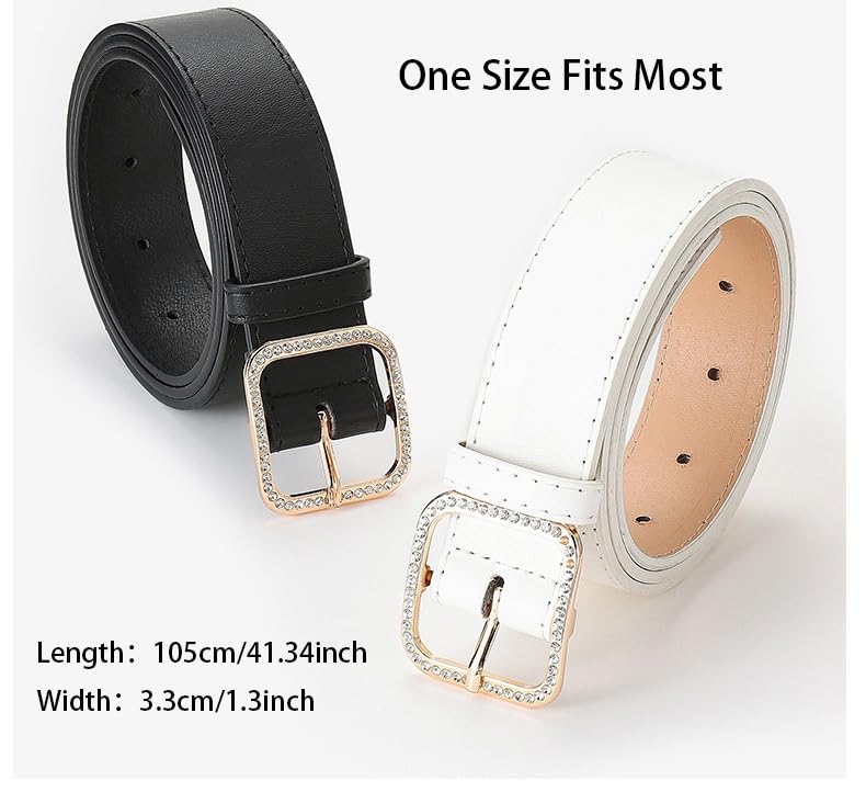 Women's PU Leather Belt with Square Crystal Diamond Buckle2