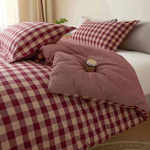 Image of Cyusri Cotton Plaid Queen Comforter Set - Soft Lightweight Bedding 3 Pieces Dyed Bed Set with 2 Pillow Shams,Reversible All Season Farmhouse Down Alternative(Queen Size 90 inchx90 inch Retro Red)