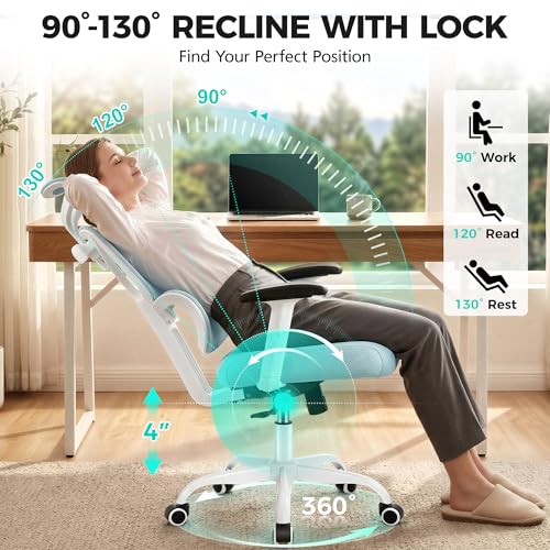 Image of Ergonomic Office Chair High Back Desk Chair with Lumbar Support, Breathable Mesh Computer Chair with Adjustable Armrests Height, Reclining Swivel Big and Tall Gaming Chair for Home Office(Light Blue)