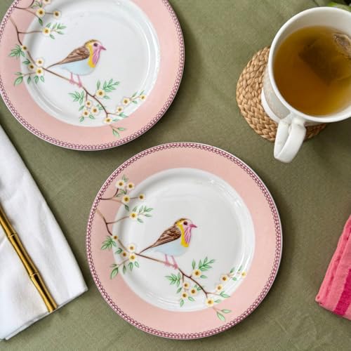 Image of GOLDEN QUEEN'S Snack Plates Set of 4 | Perfect for Snacks, Desserts, Appetizers, Salads, Tapas, Cheese | 7 inches Wide | Microwave Safe (Birdie in Pink)