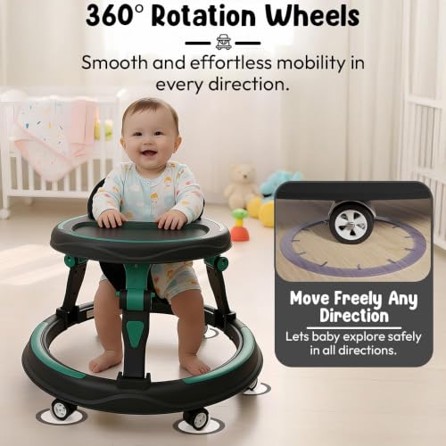 Image of StarandDaisy Baby Walker for Babies, 6-18 Month Baby Boy & Girl, Adjustable Height Infant Learning Walker with 360 Wheels, Anti-Slip, Comfortable Padded Seat, Activity Tray, Foldable Toddler Walker (Green-Black)