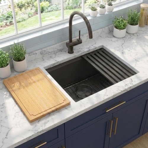 Image of LQS 23 Inch Black Undermount Kitchen Sink, Black Kitchen Sink 23 inch x 18 inch, 10 inch Deep Single Bowl Sinks, 16 Gauage Stainless Steel Material, Workstation Ledge With Abundant Accessories