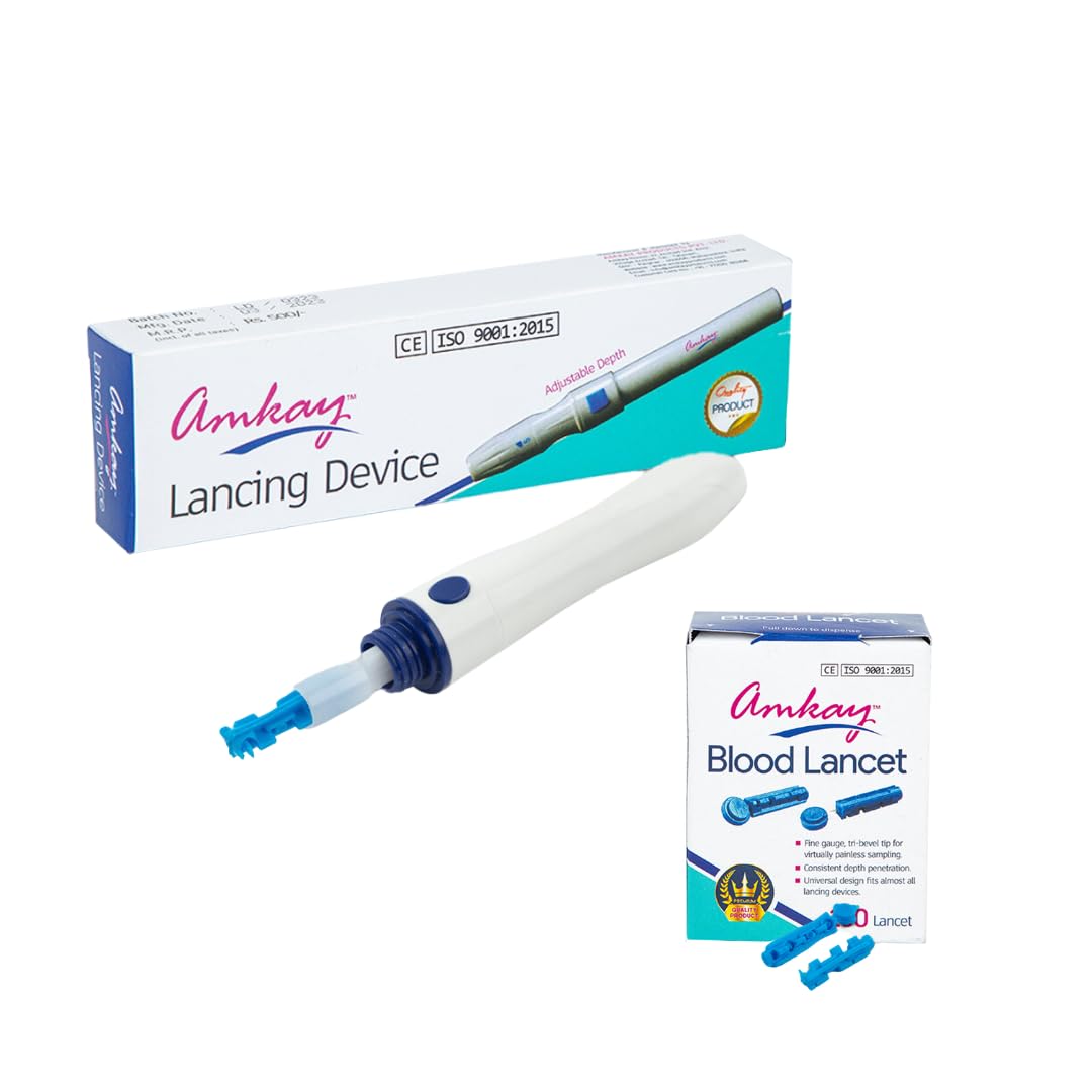 Amkay Lancing Device with 10 Round Blood Lancets – Universal Blood Lancing Pen for Glucometer – Painless, Adjustable Depth, Compatible with All Brands – Diabetes Testing Kit Tool