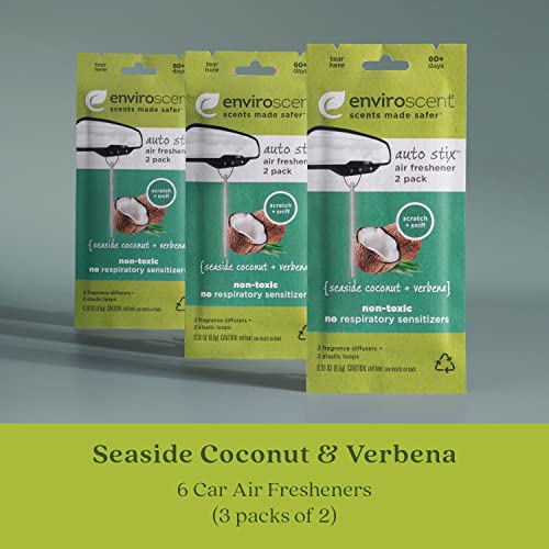 Enviroscent Non-Toxic Hanging Car Air Freshener (Seaside Coconut + Verbena) 3 Packs Of 2 Auto Stix | Infused With Essential Oils #TOP1