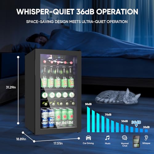 Image of ORYMUSE 3.2 Cu.Ft Beverage Refrigerator, 130 Can Mini Fridge with Glass Door & Digital Temperature Control, Compressor Cooling Freestanding Cooler for Soda, Beer, Wine, Home, Office & Bar - Black
