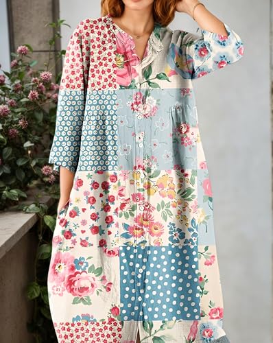 Akivide Womens Button Down Boho Floral Print Shirt Dresses Casual Loose 2025 Fall Long Sleeve V Neck Midi Dress with Pockets2