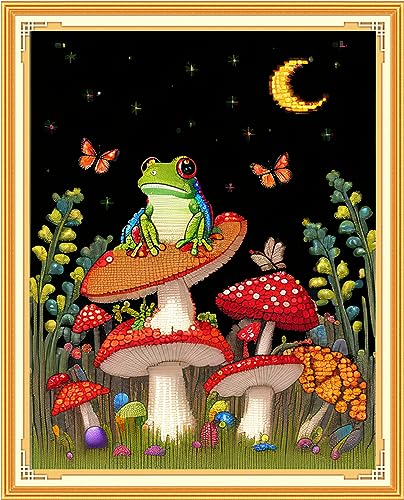 Image of Findvoor Stamped Cross Stitch Kits for Beginners Full Range of Cross Stitching Embroidery Pattern for Adults, 11CT DIY Needlepoint Embroidery Starter Kits-Frog Mushroom 15.7x19.7 inch