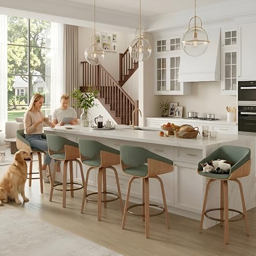 Image of 26'' Modern Barrel Swivel Counter Stools Counter Height Swivel Bar Stools with Backs Set of 6, Green Linen Upholstered Bar Height stools, Farmhouse Solid Wood Barstools for Kitchen Island, Home Bar