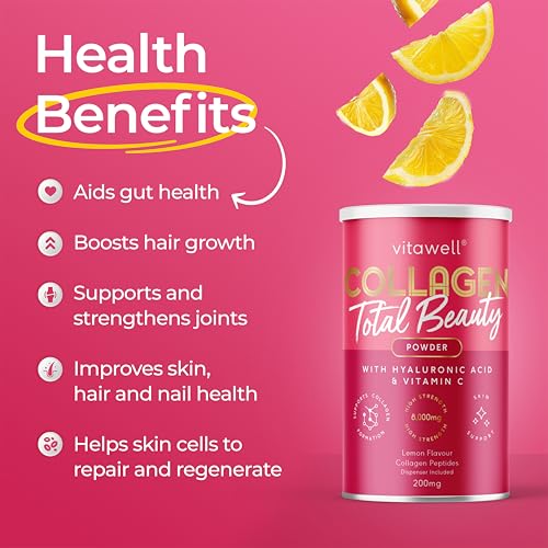 Vitawell Collagen Total Beauty Powder Supplement for Women | 8,000mg Hydrolysed Collagen Peptides Powder with Vitamin C + Magnesium + Hyaluronic Acid | Non-GMO 200g (Lemon Flavour) - Image 4