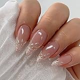 Almond French Tip Press on Nails Medium Fake Nails with Glitter Nail Tips Gold Line Designs Full Cover Acrylic Nude False Nails Set Oval Glue on Nails Stick on Static Nails for Women Manicure 24Pcs