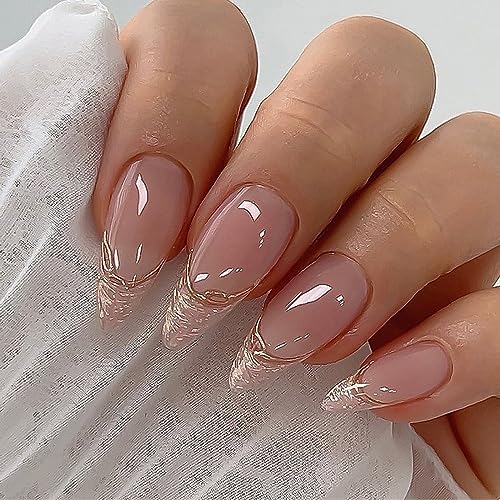 Almond French Tip Press on Nails Medium Fake Nails with Glitter Nail Tips Gold Line Designs Full Cover Acrylic Nude False Nails Set Oval Glue on Nails Stick on Static Nails for Women Manicure 24Pcs
