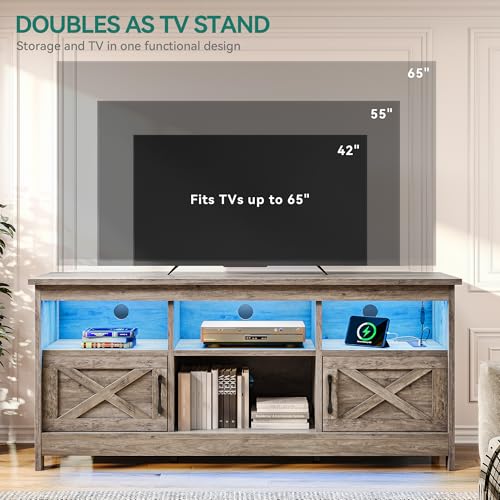 YITAHOME Farmhouse TV Stand with Power Outlet, Entertainment Center, LED Light Media Console, Simple TV Cabinet for Living Room or Bedroom, Rustic Grey 59 Inch - Image 8