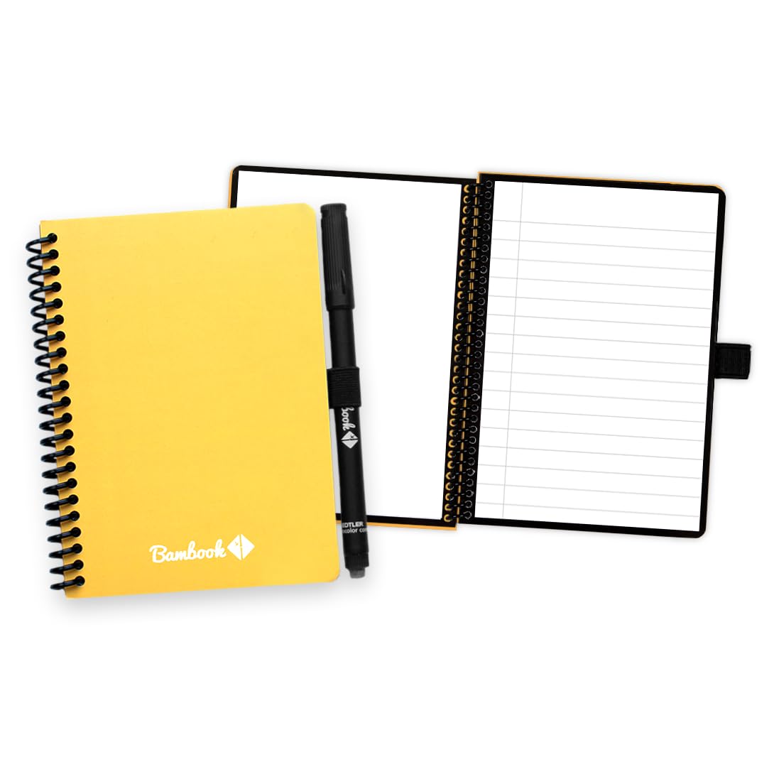 BAMBOOK Colourful Reusable Notebook - Yellow - A6 - Blank & Lined - Reusable Notebook, Rewritable Notebook, Dry Erase Board Notebook, Whiteboard Notebook, Erasable Notebook - Includes Free Pen App