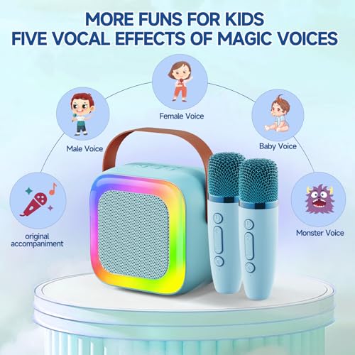 Image of Mini Karaoke Machine for Kids & Adults, Portable Bluetooth Speaker with 2 Wireless Microphones, Magic Voice Effects, Colorful Light Show, Blue, Fun & Portable