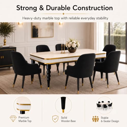 Image of 6-Seater Dining Table Set with Nano Composite Marble Top | Golden PVC Wooden Base | Includes 6 Fabric Upholstered Chairs | 2 Year Warranty | Dining Room Furniture Set for Home