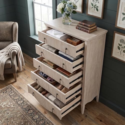 Image of 5-Drawer 47 inch Tall Fluted Dresser, Vertical Chest of Drawers,Nature Oak | Vintage Dark Brown Wood-Look, Freestanding Vertical Organizer, Antique Pulls, For Bedroom, Living Room, Closet, Hallway