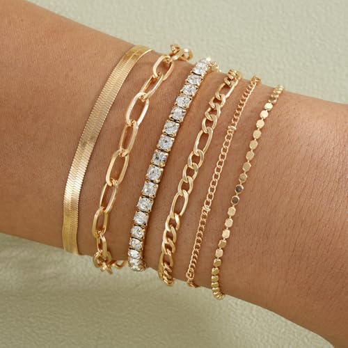 Image of Shining Diva Fashion Gold Plated Bracelet Set for Women & Girls | Set of 6 Trendy Chain Bracelets | Adjustable Layered Bracelet Combo for Daily Wear, Party, Office & Gifting