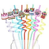 32 Pcs Reusable Birthday Straws Plastic Straws for Birthday Party Supplies, Fun Plastic Drinking Straw, Crazy Straw with Cake Decorations for Party Celebration