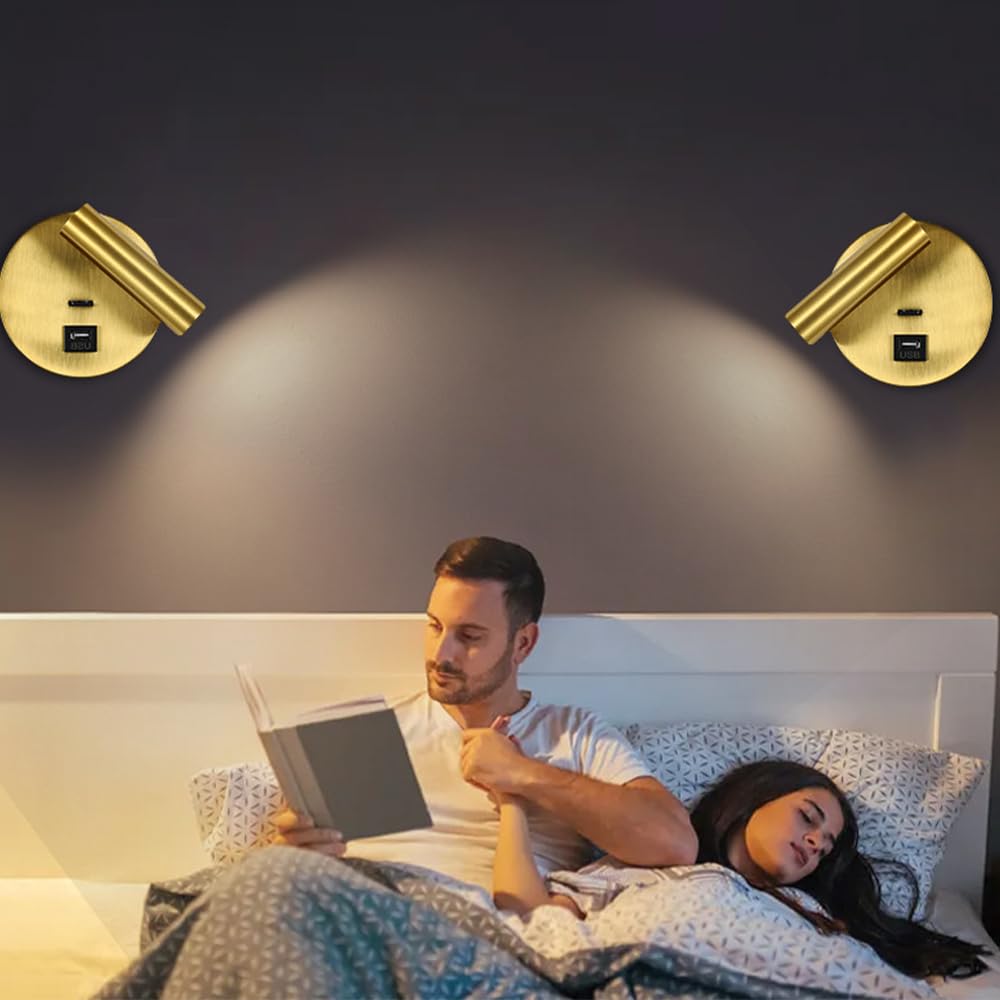 Mjsdjof Round Wall Mount Bedside Reading Light with 5V 1A USB Output Port, Modern Minimalist 3W LED Bed Wall Lamp Adjustable Headboard Sconces for Living Room Hallway - 3000K