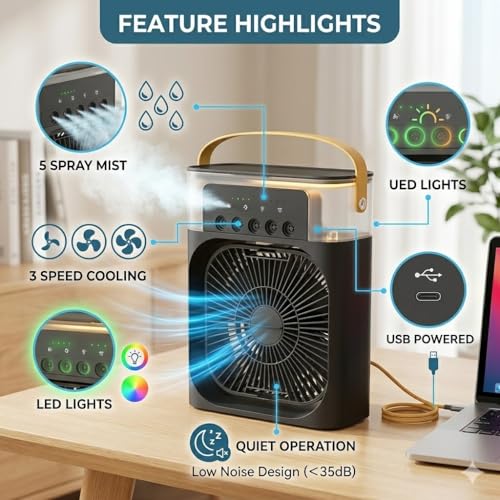 Image of Drumstone 𝐁𝐞𝐚𝐭 𝐭𝐡𝐞 𝐇𝐞𝐚𝐭 5 Year Warranty Portable Mini Air Cooler Fan, USB Powered Personal AC with Mist Humidifier, 3-Speed Airflow, Ultra Quiet for Home, Office & Travel Energy Saving