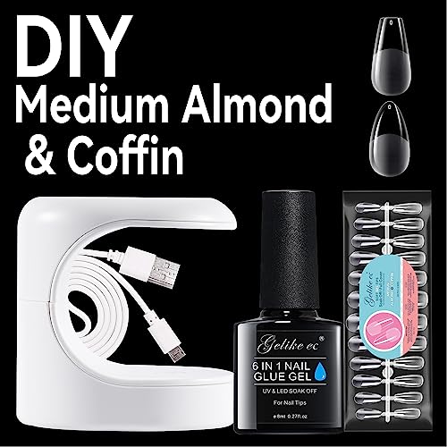 Gelike Ec Nail Tips And Glue Gel Nail Kit, 6 In 1 Nail Glue Gel With Soft Gel Nail Tips Almond And Coffin 240Pcs Shape And Innovative Uv Led Lamp Easy Diy Nail Art Fast Nail Extension Set Acrylic Nail Kit Diy Home Manicure #TOP7