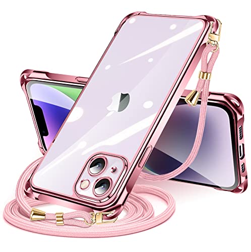 iPhone 14 用 ケース クリア ショルダー iPhone14 用 スマホケース アイフォン14 カバー 肩掛け 斜めかけ 縄掛けケース 透明 薄型 軽量 耐衝撃 TPU ストラップ付き 携帯ケース 紐付き 斜めがけ 織りストラップ付き ネックストラップ ショルダー ケース 縦/横 2WAY 長さ調整可能 取り外し可能 落下防止 紛失防止 ワイヤレス充電対応 (ローズゴールド)