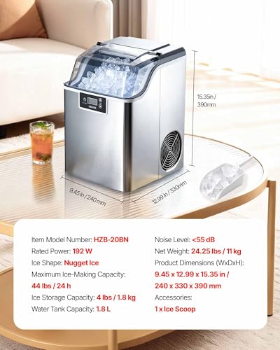 Image of VEVOR Countertop Ice Maker, 44 lbs per Day, Self-Cleaning Portable Machine with Scoop, 4 lbs Ice-Storage Basket, Nugget Ice-Making Machine with Chewable ICES for Home, Kitchen, Office, Bar & Party