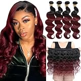 Kapelli Hair 10A Ombre Brazilian Hair Body Wave (T1B/99J,16' 18' 20' 22') Ombre Human Hair 4 Bundles Ombre Brazilian Human Hair Virgin Remy Hair Bundles 2 Tone Black to Burgundy Human Hair Weave