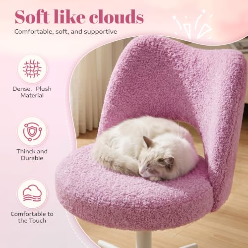 Image of DurayLoly Vanity Chair with Wheels & Open Back,Light Purple | Soft Teddy Fabric, Armless, 6 inch Thick Cushion, Height Adjustable, 300 lbs, 360 Swivel for Vanity Table, Home Office